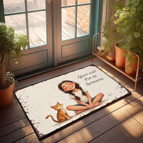 Farmhouse Fußmatte mit Aufschrift "Happy Weekend With Friends: A Girl And Her Cat", Poolzubehör, 40 x 60 cm von FZFN