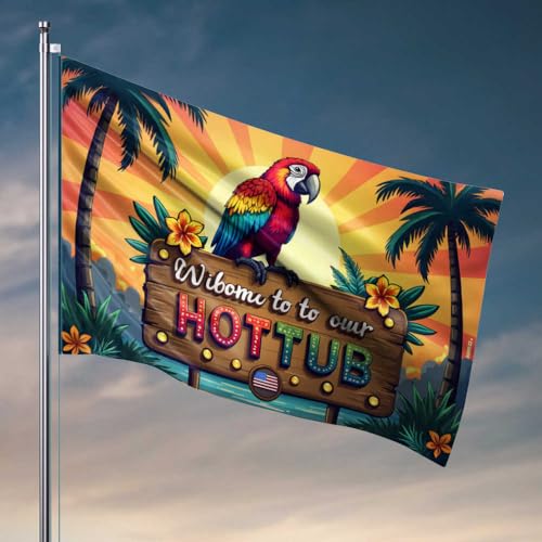 Flagge für Wohnheime für Jungs, Willkommen in unserem tropischen Whirlpool, Paradies-Flagge, lustige Badezimmer-Dekoration, Hofdekoration (152 x 244 cm) von FZFN