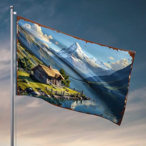 Flaggen für Schlafsäle, Blockhütte am See mit schneebedeckten Bergen im Hintergrund, Flagge für Jungs, Höhlenmann, Bar (152 x 244 cm) von FZFN
