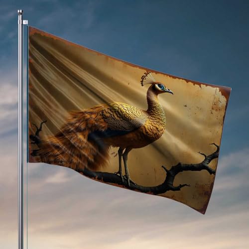 Flaggen für Schlafsäle, goldener Pfau, sitzend auf einem Ast, Wandflaggen für Jungs, Höhlenmann, Bar (152 x 244 cm) von FZFN