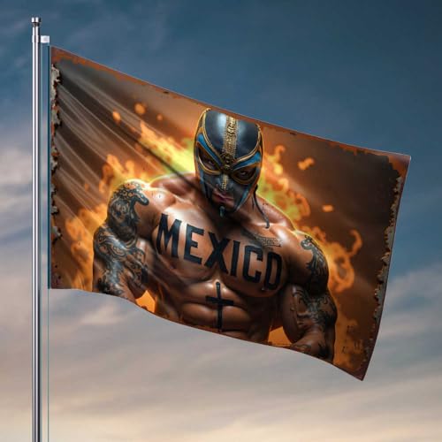 Flaggen für Schlafsäle, mexikanischer Luchador mit Feuer und Tattoos, Flagge, Wandflaggen für Jungs, Höhlenmann, Bar (152 x 244 cm) von FZFN