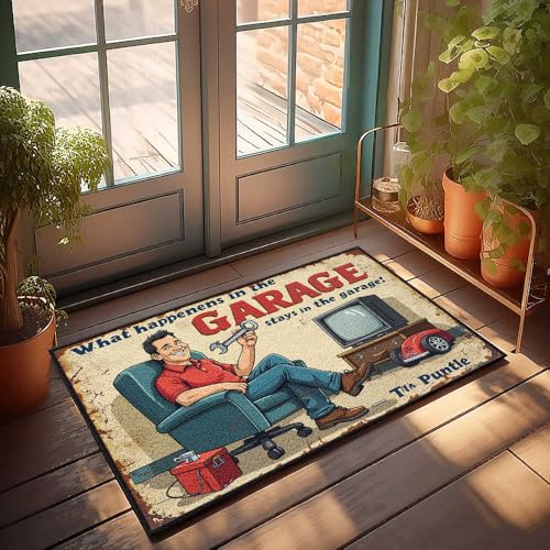 Fußmatte "Fall What Happens In The Garage Stays In The Garage: A Fun Cartoon Sce", Fußmatte, Winter-Fußmatte, Outdoor, Herbst, Willkommensmatten für vorne (65 x 90 cm) von FZFN