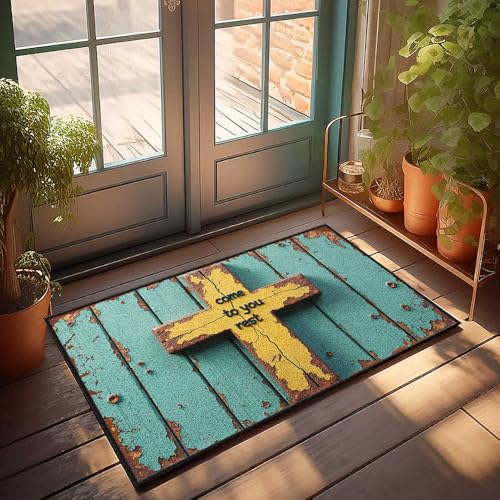 Fußmatte für den Außenbereich, rustikales Kreuz mit Aufschrift "Come To You Rest" auf verwittertem Holz, Fußmatte, Winter-Willkommensmatte, Veranda-Teppich (40 x 60 cm) von FZFN
