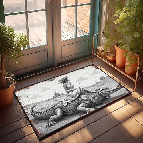 Fußmatte für den Eingangsbereich, Mädchen, das Krokodil vor dem Schloss reitet, Heimwaren, Landdekoration für Zuhause (40 x 60 cm) von FZFN