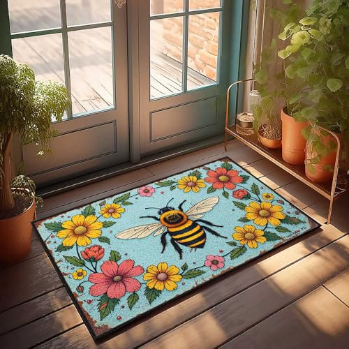 Fußmatte für den Eingangsbereich, bunte Biene inmitten lebendiger Blumenrahmen, Heimwaren, Landdekoration für Zuhause (50 x 80 cm) von FZFN