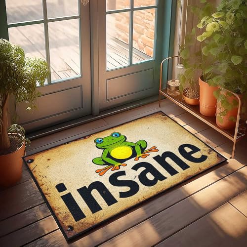 Fußmatte für den Innenbereich, grüner Frosch mit gelbem Bauch auf rustikalem Schild mit Aufschrift "Insane", Fußmatte für Haustür, Willkommensmatte, Herbstmatte, für den Außenbereich (50 x 80 cm) Fußmatte für den Innenbereich, grüner Frosch mit gelbem Bauch auf rustikalem Schild mit Aufschrift "Insane", Fußmatte für Haustür, Willkommensmatte, Herbstmatte, für den Außenbereich (50 x 80 cm) von FZFN
