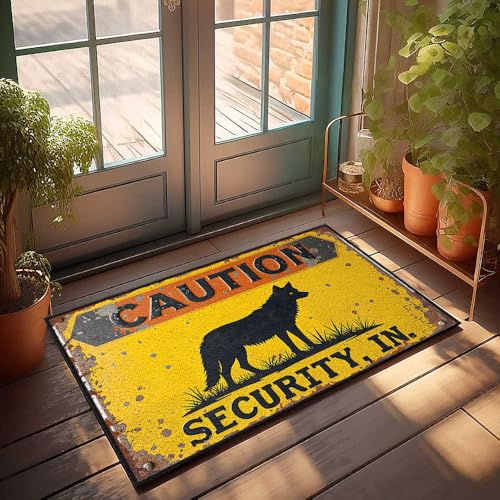 Fußmatte mit Aufschrift "Caution: Security in Action" – Wolf-Warnschild, Fußmatte, Männerhöhle, Dekoration, Teppiche für Küche (65 x 90 cm) von FZFN