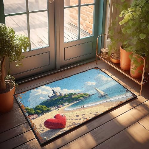 Fußmatte mit Schloss und Segelboot, Herbstmotiv, romantische Strandszene mit Schloss und Segelboot, für den Außenbereich, 65 x 90 cm Fußmatte mit Schloss und Segelboot, Herbstmotiv, romantische Strandszene mit Schloss und Segelboot, für den Außenbereich, 65 x 90 cm von FZFN