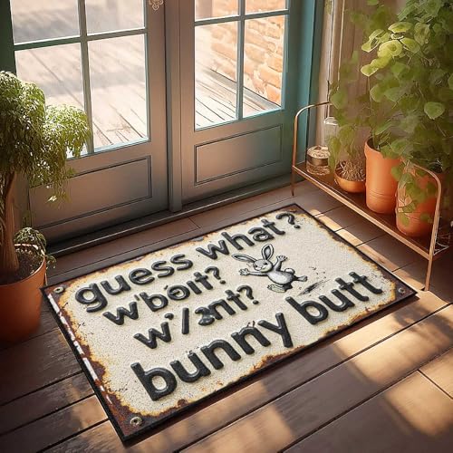 Fußmatte mit lustigem rostigem Schild mit verspielter Hasen-Illustration, Fußmatte für Haustür, Kellerdekoration (50 x 80 cm) von FZFN