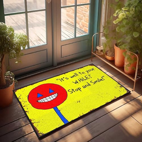 Große Fußmatte für den Außenbereich, Aufschrift "Stop and Smile: A Joyful Reminder To Pause And Laugh!" Fußmatte, Schreibtisch-Bodenmatte, Urlaubsteppich (65 x 90 cm) von FZFN