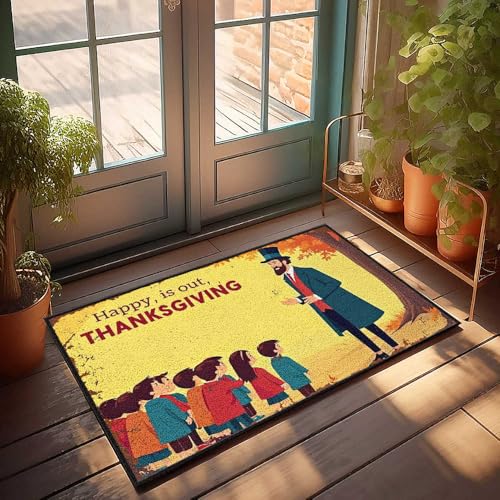 Haustür-Teppich für den Außenbereich, Thanksgiving-Feier: Ein Mann mit Zylinderhut spricht mit Kindern, Fußmatte, Dekoration für Zimmer, Retro-Raumdekoration (65 x 90 cm) von FZFN