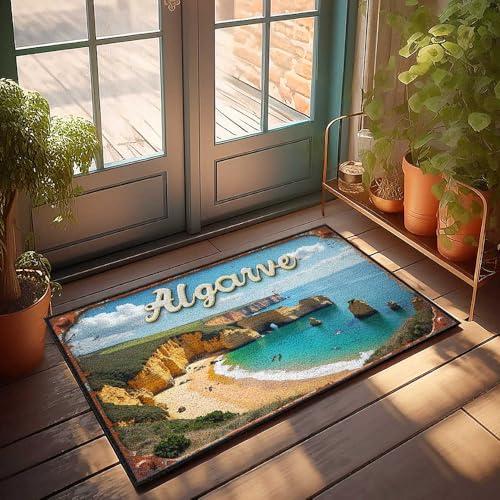 Herbst-Küchenmatten für den Boden, Algarve, Küstenschönheit: Eine verträumte Strandlandschaft mit Klippen und Türkis, Fußmatte, Türdekoration, Retro-Teppich (50 x 80 cm) von FZFN