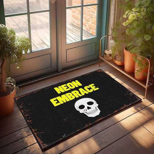 Herbst-Küchenmatten für den Boden, neonfarbene Umarmung: Ein leuchtender Totenkopf, für die Haustür, Dekoration, Retro-Teppich (40 x 60 cm) von FZFN
