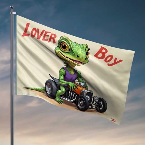 Herren-Höhlendekoration, grüne Eidechse in violettem Tank-Top, fahrende orangefarbene Hot-Rod-Autoflagge für Schlafzimmer, Dekoration für Zimmer (60 x 90 cm) von FZFN