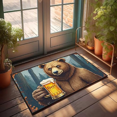 Küchenmatten für den Boden, Grizzlybär, der einen frostigen Becher Bier in der Wildnis genießt, Fußmatte für Haustür, Retro-Teppich (65 x 90 cm) von FZFN