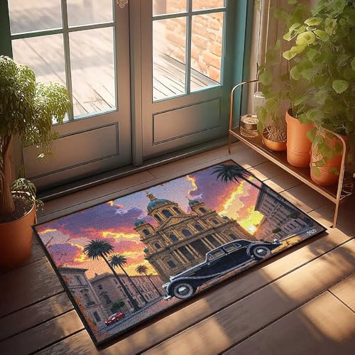Küchenmatten für den Boden, Oldtimer, vor der großen Kathedrale bei Sonnenuntergang, Fußmatte, Haustürdekoration, Retro-Teppich (50 x 80 cm) von FZFN