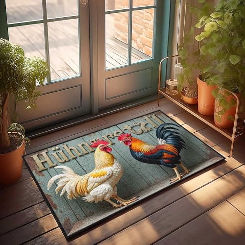 Küchenmatten für den Boden, bunte Hähne vor rustikalem Holzschild, Fußmatte, Haustürdekoration, Retro-Teppich (40 x 60 cm) von FZFN