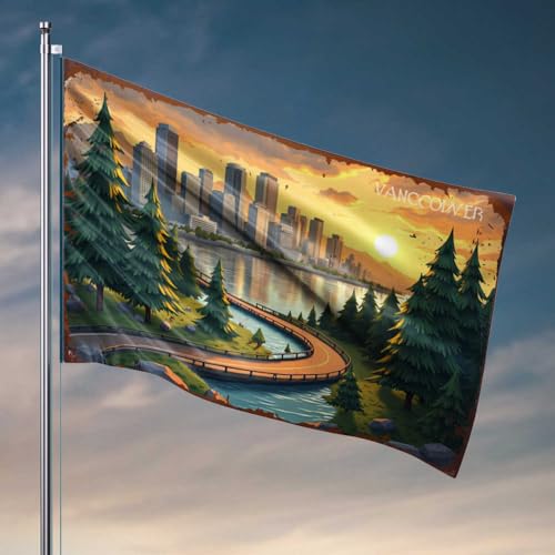 Lustige Bar-Dekoration, Vancouver-Sonnenuntergang: Stadtbild mit Wald- und Flussflagge, Pool-Dekorationen, Outdoor, Teenager, Jungen, Raumdekoration (152 x 244 cm) von FZFN