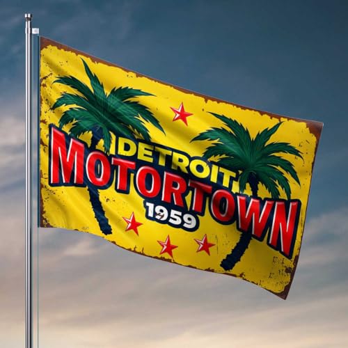 Lustige Flaggen, Vintage, Detroit Motortown 1959, Palmenschild, Flagge, Outdoor-Dekorationen für Terrassenflaggen für Jungenzimmer (152 x 244 cm) von FZFN