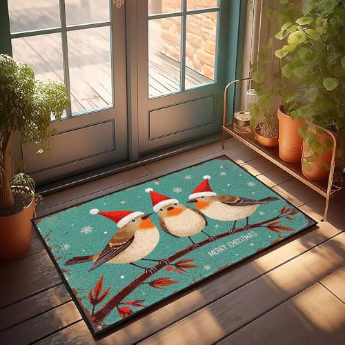 Lustige Raumdekoration, drei festliche Rotkehlchen, die Ihnen ein frohes Weihnachtsfest wünschen! Fußmatte für den Innenbereich, für den Außenbereich, 65 x 90 cm von FZFN