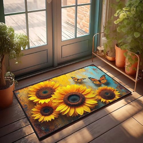 Lustige Teppiche für die Haustür, Sonnenblumen-Glückseligkeit: Ein Tanz von Schmetterlingen auf rustikalem Holz, Fußmatte, Küchenutensilien, willkommene Matten (50 x 80 cm) von FZFN