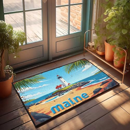 Lustiger Badezimmerteppich, Motiv: Maine Coastal Lighthouse Serenity, Türschild mit Aufschrift "Welcome-Ish", 65 x 90 cm von FZFN
