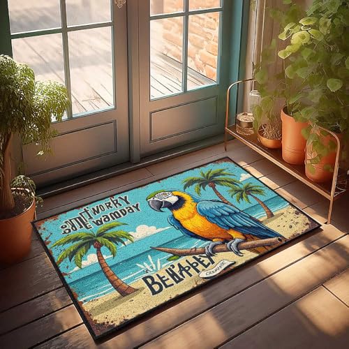 Lustiger Badezimmerteppich, Motiv: Papagei am tropischen Strand: Someday Be Happy, Fußmatte "Welcome-Ish" (40 x 60 cm) von FZFN