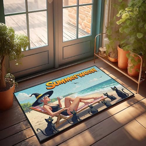 Lustiger Badezimmerteppich, Motiv: Summerween: Hexe entspannt mit schwarzen Katzen am Strand, Fußmatte "Welcome-Ish" für die Haustür (40 x 60 cm) von FZFN