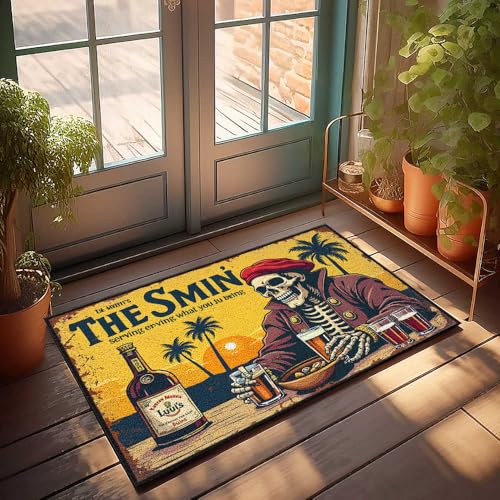 Lustiger Badezimmerteppich, Motiv: Totenkopf in roter Baskenmütze mit Aufschrift "Enjoying Beer And Nuts At Sunset", Strand-Fußmatte, Willkommens-Ish, Türschild, Matte im Haus (50 x 80 cm) von FZFN