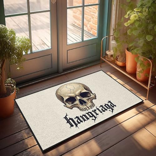 Lustiger Badezimmerteppich, Totenkopf-Design mit gotischem Text "Hangriaga", Fußmatte "Welcome-Ish", Türschild für die Haustür (40 x 60 cm) von FZFN