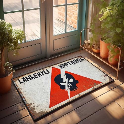 Lustiger Badezimmerteppich, Warnschild mit Totenkopf und Blitzbolzen, Symbo-Fußmatte, Türschild "Welcome-Ish", 65 x 90 cm von FZFN