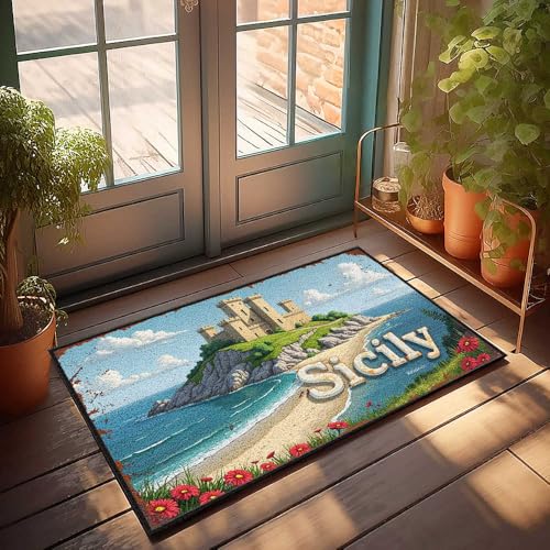 Mat In House Fußmatte mit sizilianischem Schloss am Meer: Eine verträumte Küstenansicht Fußmatte Bauernhaus Haustürdekoration (40 x 60 cm) von FZFN