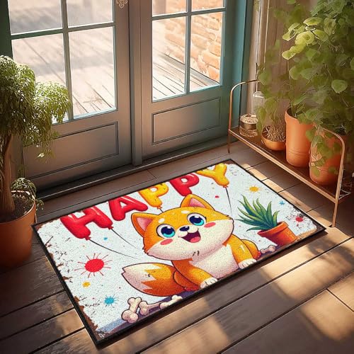 Mat Shoes Fußmatte "Happy Birthday", Fuchs mit Luftballons und Pflanze, Spielzimmer-Dekoration, Herbstmatten für Haustür (40 x 60 cm) von FZFN