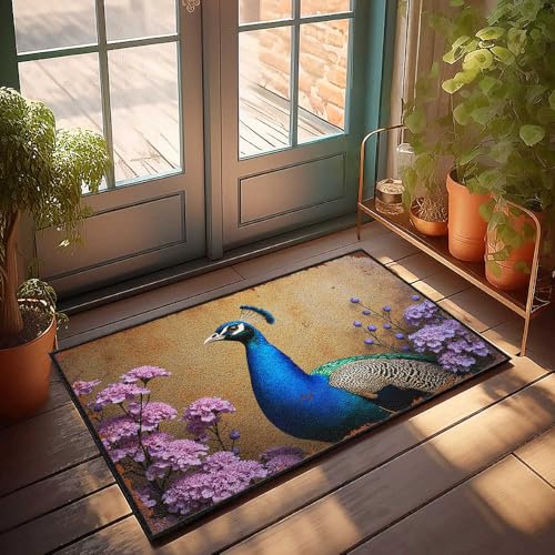 Mat Shoes Fußmatte mit Pfau inmitten von Lavendel und rosa Blumen, Spielzimmer-Dekoration, Herbstmatten für Haustür (50 x 80 cm) von FZFN