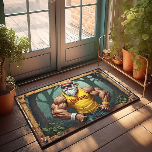 Mat Shoes Muscular Hudson in gelbem Tank-Top: Waldstärke, Fußmatte, Spielzimmer-Dekoration, Herbstmatten für Haustür (65 x 90 cm) von FZFN