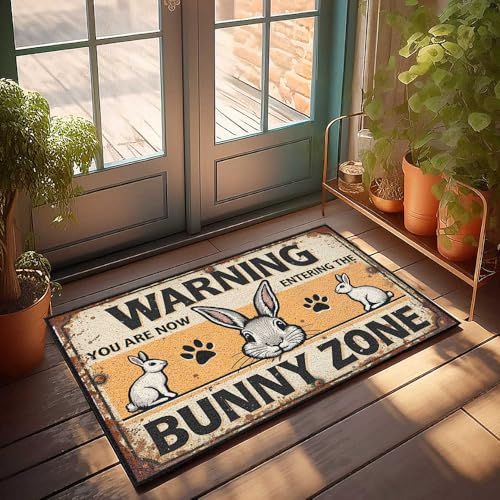 Matte im Haus Warnung: Betreten der Hasenzone – Kaninchen-Alarm! Fußmatte Bauernhaus, Haustür-Dekoration (40 x 60 cm) von FZFN