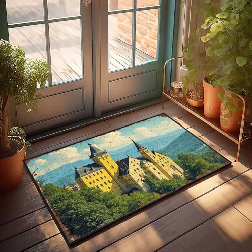Outdoor-Teppich für Haustür, goldenes Schloss inmitten üppigem grünen Wald mit majestätischen Bergen in Fußmatte, Gamer-Zubehör, kleiner Outdoor-Teppich (50 x 80 cm) von FZFN