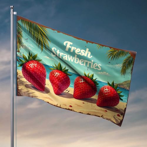 Raumzubehör für Teenager, Jungen, frische Erdbeeren am Strand: Eine tropische Freude, Flaggen für Schlafzimmer, lustige Indie-Raumdekoration (152 x 244 cm) von FZFN