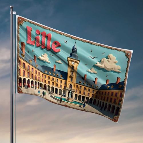 Sport-Bar-Dekoration, buntes Lille-Stadtplatz mit Uhrenturm und Menschenflagge, Willkommensschild für Veranda, stehend (120 x 180 cm) von FZFN