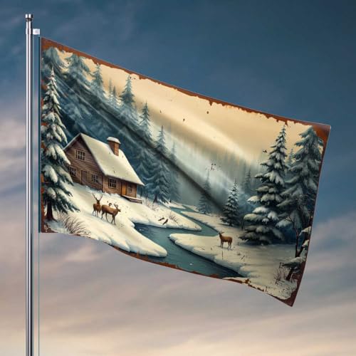 Veranda-Flagge, verschneite Hütte im Wald mit Hirsch am Fluss, Zimmerflaggen für Mädchen, Zimmerflaggen für Teenager (120 x 180 cm) von FZFN