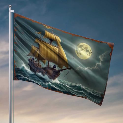 Wohnheim-Dekorationen für College-Jungs, Vollmondsegel: Piratenschiff-Nachtfahrt-Flagge, Turnhallenflagge, Markierungsflaggen (30 x 45 cm) von FZFN