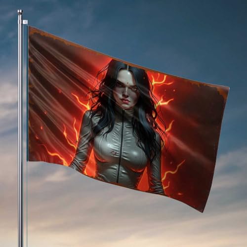 Wohnheim-Dekorationen für College-Jungs, feurige Aura: Eine Frau aus weißem Leder vor einem Lava-Hintergrund, Flagge, Markierungsflagge, 152 x 244 cm von FZFN