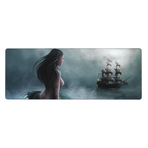 Fzggwyhl Bedrucktes Mauspad mit Meerjungfrau-Dame und Segelflugschiff, Schreibtisch-Schutzunterlage, Tastatur-Pad von FZGGWYHL