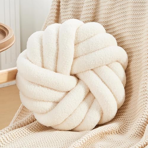 Knotenkissen, dekorativ, rund, weiches Plüschkissen, geknotet, Ballkissen, Plüschspielzeug, Heimdekoration für Bett, Couch, Sofa, Stuhl, Boden, Wohnzimmer, Auto, nordisches Lounge-Kissen (weiß), 35,6 von FZKun