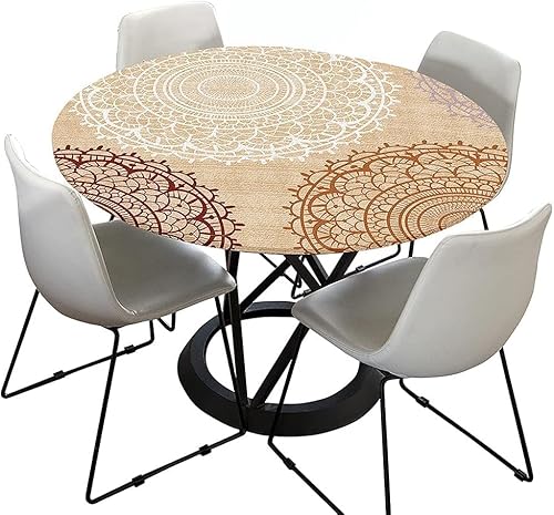 Tischdecke Outdoor Rund 120 cm, Elastisch Rund Abwaschbar Tischdecken Wasserabweisend Lotuseffekt Garten Tischdecke Grau Mandala Table Cloth (Ideal für 100cm-110cm,Beige) von FZKun
