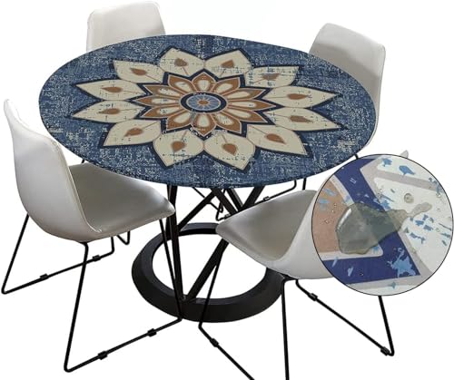 Tischdecke Outdoor Rund 120 cm, Elastisch Rund Abwaschbar Tischdecken Wasserabweisend Lotuseffekt Garten Tischdecke Grau Mandala Table Cloth (Ideal für 100cm-110cm,Blau) von FZKun