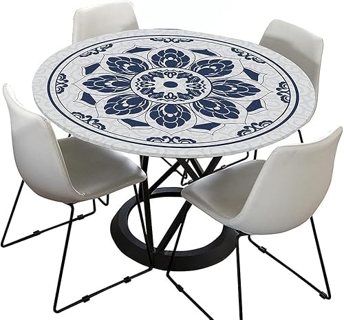 Tischdecke Outdoor Rund 120 cm, Elastisch Rund Abwaschbar Tischdecken Wasserabweisend Lotuseffekt Garten Tischdecke Grau Mandala Table Cloth (Ideal für 50cm-60cm,Blau Weiss) von FZKun