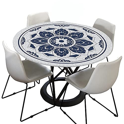 Tischdecke Outdoor Rund 120 cm, Elastisch Rund Abwaschbar Tischdecken Wasserabweisend Lotuseffekt Garten Tischdecke Grau Mandala Table Cloth (Ideal für 70cm-80cm,Blau Weiss) von FZKun
