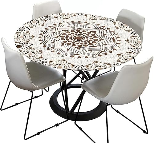 Tischdecke Outdoor Rund 120 cm, Elastisch Rund Abwaschbar Tischdecken Wasserabweisend Lotuseffekt Garten Tischdecke Grau Mandala Table Cloth (Ideal für 70cm-80cm,Creme Farben) von FZKun