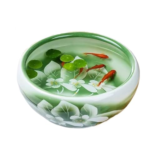 FZL02068LM Fischtank Handbemalter Keramik-Aquarium mit grünem Lotus-Finish for den Schreibtisch, Futterbehälter for Goldfische und Schildkröten, runder Keramik-Übertopf Robuster(32x32x14cm) von FZL02068LM
